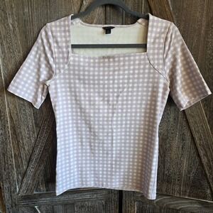 Ann Taylor Shirt Women's Size Medium Lavendar & White Check Plaid Square Neck